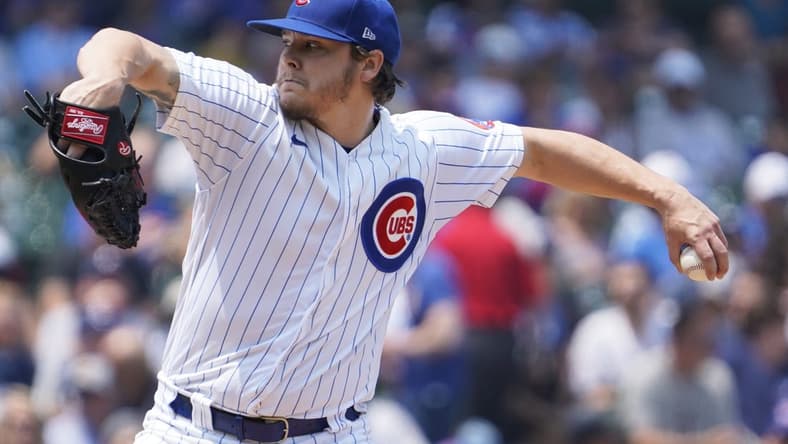 Jun 17, 2023; Chicago, Illinois, USA; Chicago Cubs starting pitcher Justin Steele (0) throws against the Baltimore Orioles during the first inning at Wrigley Field. Mandatory Credit: David Banks-USA TODAY Sports