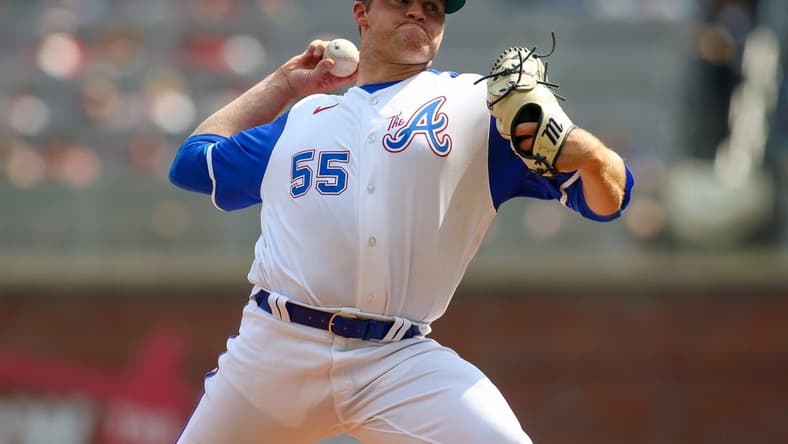Jun 17, 2023; Atlanta, Georgia, USA; Atlanta Braves starting pitcher Bryce Elder (55) throws against the Colorado Rockies in the third inning at Truist Park. Mandatory Credit: Brett Davis-USA TODAY Sports