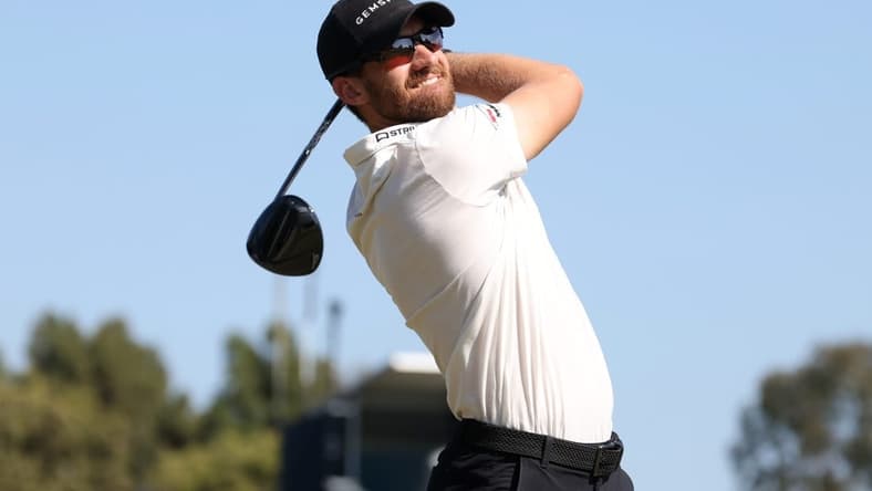 Jun 17, 2023; Los Angeles, California, USA; Patrick Rodgers tees off on the eighteenth tee during the third round of the U.S. Open golf tournament at Los Angeles Country Club. Mandatory Credit: Kiyoshi Mio-USA TODAY Sports