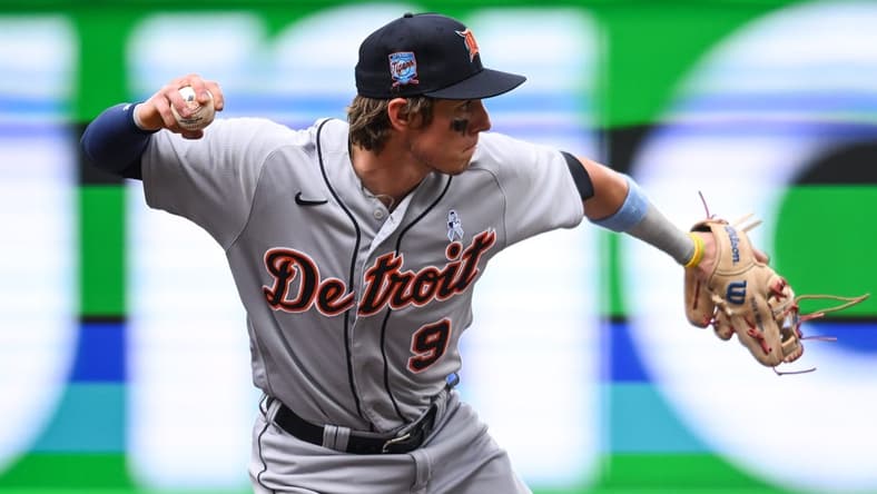 Jun 18, 2023; Minneapolis, Minnesota, USA; Detroit Tigers third baseman Nick Maton (9) makes a putout during the fourth inning against the Minnesota Twins at Target Field. Mandatory Credit: Jeffrey Becker-USA TODAY Sports