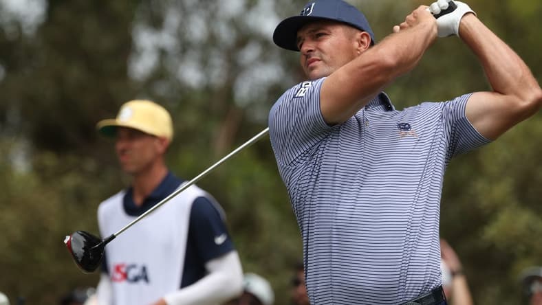 Jun 18, 2023; Los Angeles, California, USA; Bryson DeChambeau hits a tee shot on the 2nd hole during the final round of the U.S. Open golf tournament at Los Angeles Country Club. Mandatory Credit: Kiyoshi Mio-USA TODAY Sports