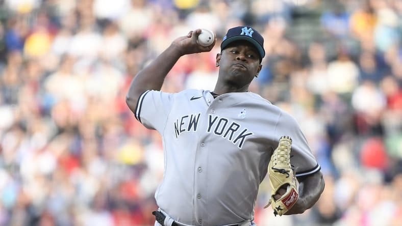 Jun 18, 2023; Boston, Massachusetts, USA; New York Yankees starting pitcher Luis Severino (40) pitches during the first inning against the Boston Red Sox at Fenway Park. Mandatory Credit: Bob DeChiara-USA TODAY Sports