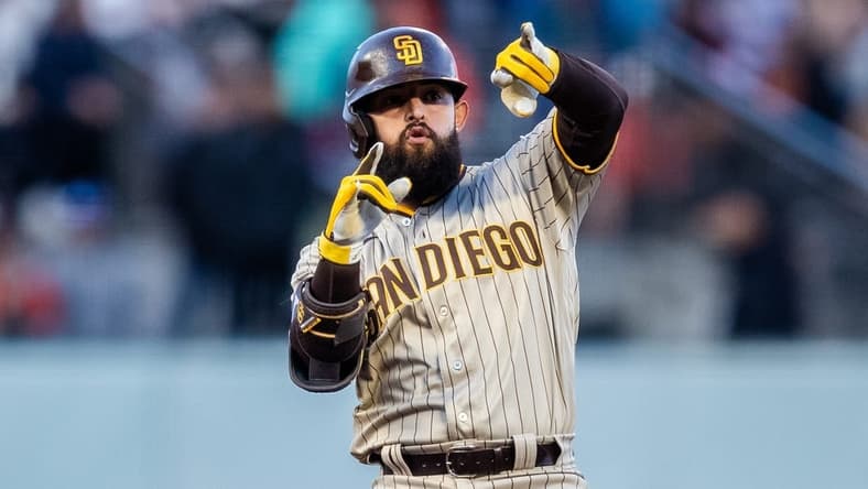 Jun 19, 2023; San Francisco, California, USA; San Diego Padres designated Rougned Odor (24) reacts after hitting a double against the San Francisco Giants during the fourth inning at Oracle Park. Mandatory Credit: John Hefti-USA TODAY Sports