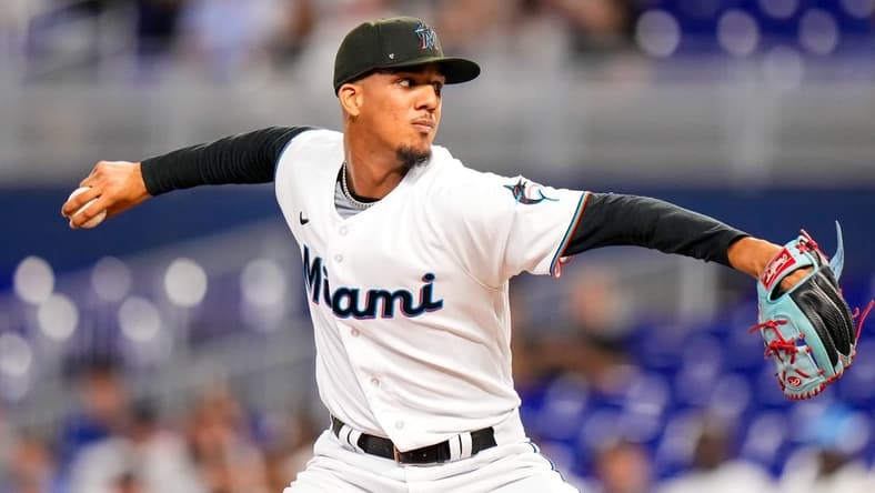 Jun 20, 2023; Miami, Florida, USA; Miami Marlins starting pitcher Eury Perez (39) throws a pitch against the Toronto Blue Jays during the first inning at loanDepot Park. Mandatory Credit: Rich Storry-USA TODAY Sports