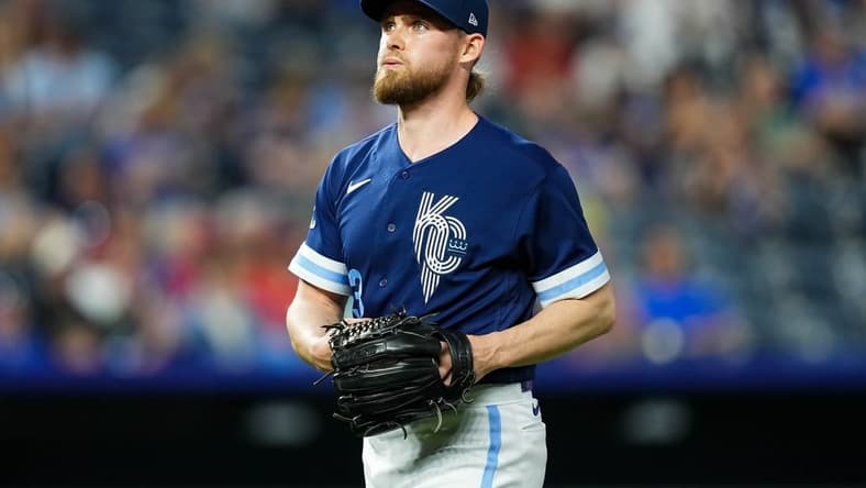 May 26, 2023; Kansas City, Missouri, USA; Kansas City Royals relief pitcher Josh Staumont (63) reacts as he leaves the field during the sixth inning against the Washington Nationals at Kauffman Stadium. Mandatory Credit: Jay Biggerstaff-USA TODAY Sports