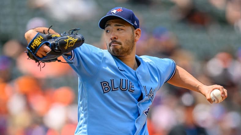 Jun 15, 2023; Baltimore, Maryland, USA; Toronto Blue Jays starting pitcher Yusei Kikuchi (16) throws a pitch during the fifth inning against the Baltimore Orioles at Oriole Park at Camden Yards. Mandatory Credit: Reggie Hildred-USA TODAY Sports