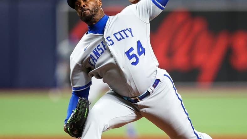 Jun 22, 2023; St. Petersburg, Florida, USA; Kansas City Royals relief pitcher Aroldis Chapman (54) throws a pitch against the Tampa Bay Rays in the eighth inning at Tropicana Field. Mandatory Credit: Nathan Ray Seebeck-USA TODAY Sports