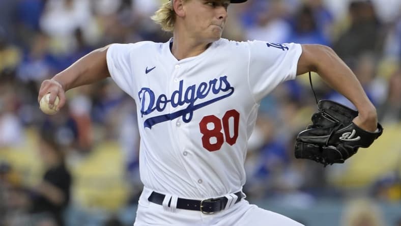 Jun 23, 2023; Los Angeles, California, USA;  Los Angeles Dodgers starting pitcher Emmet Sheehan (80) delivers in the first inning against the Houston Astros at Dodger Stadium. Mandatory Credit: Jayne Kamin-Oncea-USA TODAY Sports