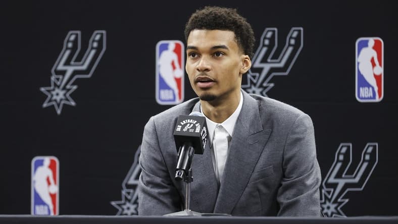 Jun 24, 2023; San Antonio, TX, USA; San Antonio Spurs draft pick Victor Wembanyama speaks at a press conference at AT&T Center. Mandatory Credit: Troy Taormina-USA TODAY Sports