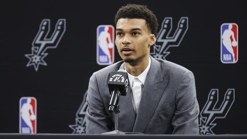 Jun 24, 2023; San Antonio, TX, USA; San Antonio Spurs draft pick Victor Wembanyama speaks at a press conference at AT&T Center. Mandatory Credit: Troy Taormina-USA TODAY Sports