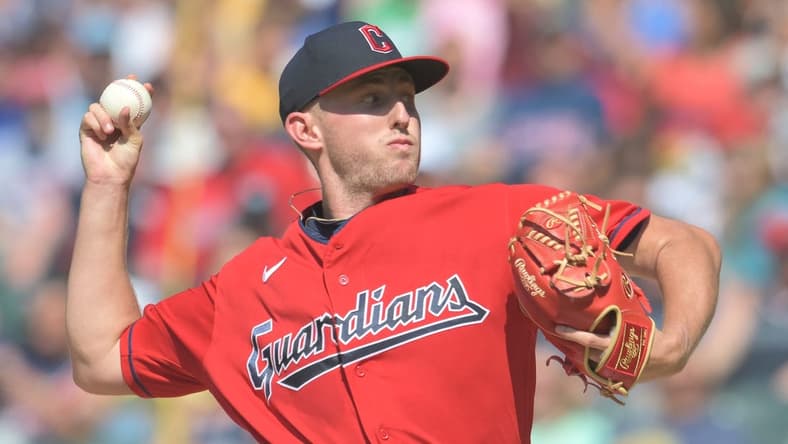 Jun 24, 2023; Cleveland, Ohio, USA; Cleveland Guardians starting pitcher Tanner Bibee (61) throws a pitch during the first inning against the Milwaukee Brewers at Progressive Field. Mandatory Credit: Ken Blaze-USA TODAY Sports