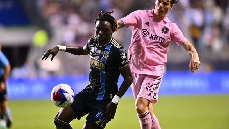 Jun 24, 2023; Philadelphia, Pennsylvania, USA; Philadelphia Union defender Olivier Mbaizo (15) controls the ball during the second half at Subaru Park. Mandatory Credit: Kyle Ross-USA TODAY Sports