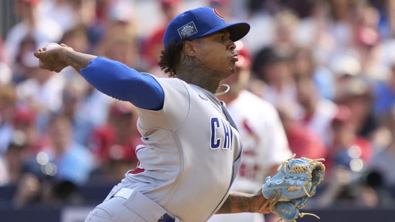 Jun 25, 2023; London, GBR, ENG; Chicago Cubs starting pitcher Marcus Stroman (0) throws against the St. Louis Cardinals in the first inning during London series game two at London Stadium. Mandatory Credit: Peter van den Berg-USA TODAY Sports