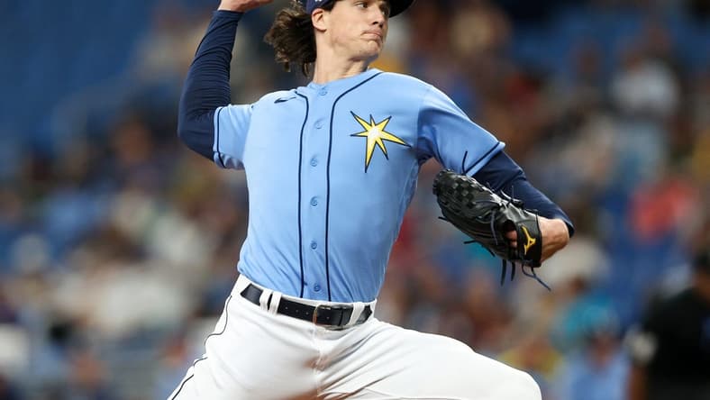 Jun 25, 2023; St. Petersburg, Florida, USA; Tampa Bay Rays starting pitcher Tyler Glasnow (20) throws a pitch against the Kansas City Royals in the first inning at Tropicana Field. Mandatory Credit: Nathan Ray Seebeck-USA TODAY Sports