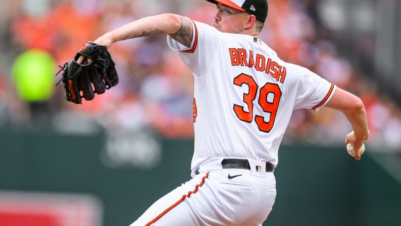 Jun 25, 2023; Baltimore, Maryland, USA; Baltimore Orioles starting pitcher Kyle Bradish (39) throws a pitch during the first inning against the Seattle Mariners at Oriole Park at Camden Yards. Mandatory Credit: Reggie Hildred-USA TODAY Sports
