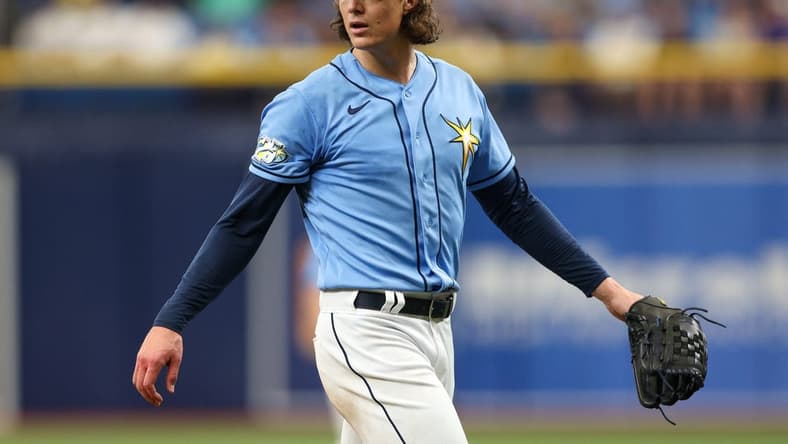 Jun 25, 2023; St. Petersburg, Florida, USA;  Tampa Bay Rays starting pitcher Tyler Glasnow (20) reacts after a striking out against the Kansas City Royals in the fourth inning at Tropicana Field. Mandatory Credit: Nathan Ray Seebeck-USA TODAY Sports