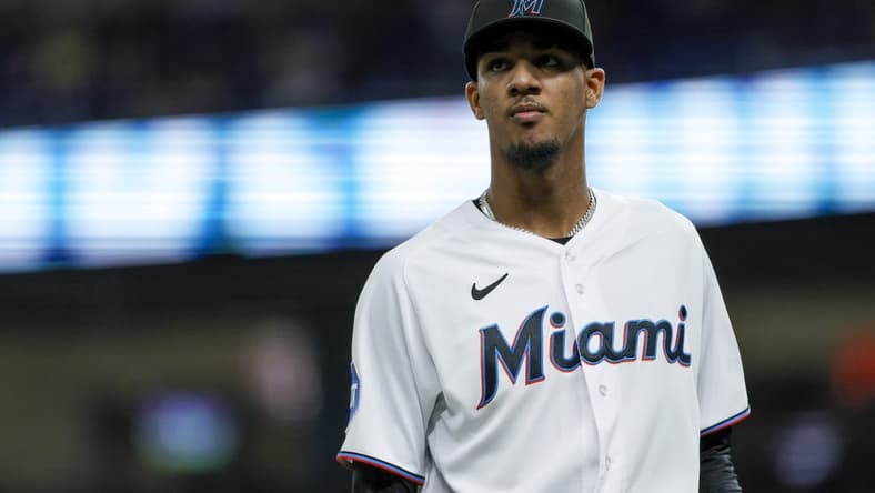 Jun 25, 2023; Miami, Florida, USA; Miami Marlins starting pitcher Eury Perez (39) looks on against the Pittsburgh Pirates during the first inning at loanDepot Park. Mandatory Credit: Sam Navarro-USA TODAY Sports