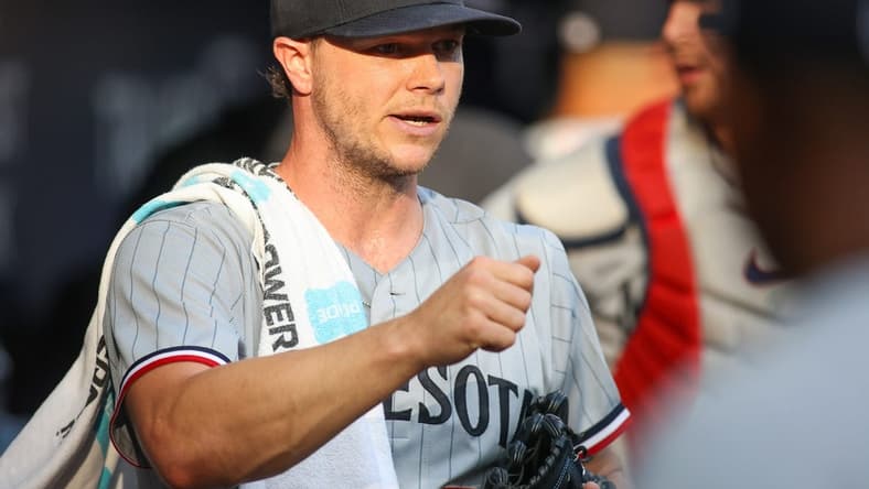 Jun 26, 2023; Atlanta, Georgia, USA; Minnesota Twins starting pitcher Sonny Gray (54) in the dugout before a game against the Atlanta Braves at Truist Park. Mandatory Credit: Brett Davis-USA TODAY Sports