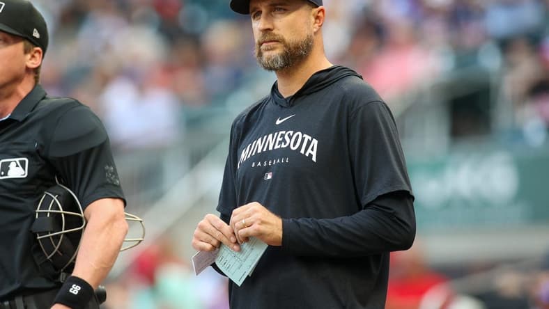 Jun 26, 2023; Atlanta, Georgia, USA; Minnesota Twins manager Rocco Baldelli (5) on the field before a game against the Atlanta Braves at Truist Park. Mandatory Credit: Brett Davis-USA TODAY Sports