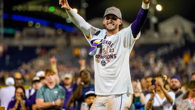 Jun 26, 2023; Omaha, NE, USA; LSU Tigers center fielder Dylan Crews (3) celebrates after winning the College World Series over the Florida Gators at Charles Schwab Field Omaha. Mandatory Credit: Dylan Widger-USA TODAY Sports