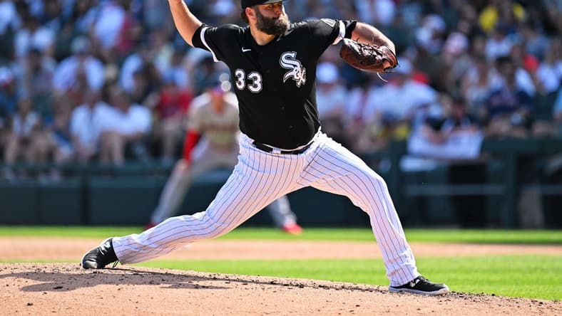 Jun 24, 2023; Chicago, Illinois, USA; Chicago White Sox pitcher Lance Lynn (33) pitches against the Boston Red Sox at Guaranteed Rate Field. Mandatory Credit: Jamie Sabau-USA TODAY Sports