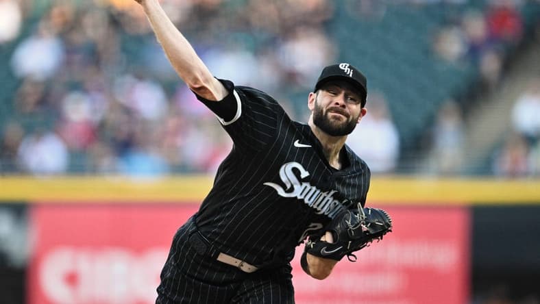 Jun 23, 2023; Chicago, Illinois, USA; Chicago White Sox pitcher Lucas Giolito (27) pitches against the Boston Red Sox at Guaranteed Rate Field. Mandatory Credit: Jamie Sabau-USA TODAY Sports