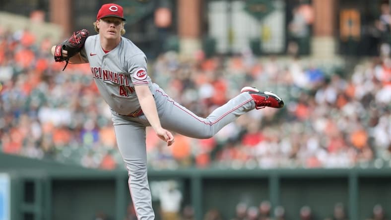 Jun 27, 2023; Baltimore, Maryland, USA; Cincinnati Reds starting pitcher Andrew Abbott (41) delivers a first inning pitch against the Baltimore Orioles at Oriole Park at Camden Yards. Mandatory Credit: Tommy Gilligan-USA TODAY Sports