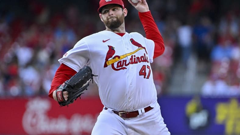 Jun 27, 2023; St. Louis, Missouri, USA; St. Louis Cardinals starting pitcher Jordan Montgomery (47) pitches against the Houston Astros during the first inning at Busch Stadium. Mandatory Credit: Jeff Curry-USA TODAY Sports