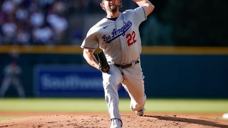 Jun 27, 2023; Denver, Colorado, USA; Los Angeles Dodgers starting pitcher Clayton Kershaw (22) pitches in the first inning against the Colorado Rockies at Coors Field. Mandatory Credit: Isaiah J. Downing-USA TODAY Sports