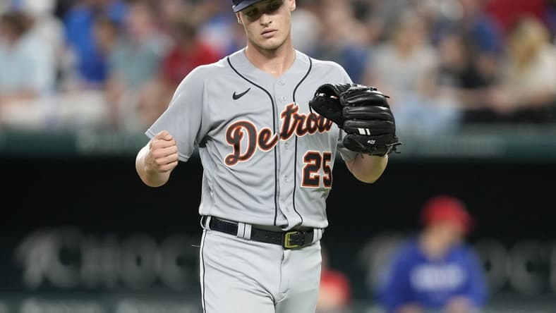 Jun 27, 2023; Arlington, Texas, USA; Detroit Tigers starting pitcher Matt Manning (25) reacts after getting pulled from the game against the Texas Rangers during the sixth inning at Globe Life Field. Mandatory Credit: Jim Cowsert-USA TODAY Sports