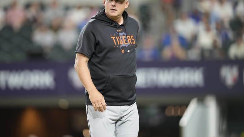 Jun 27, 2023; Arlington, Texas, USA; Detroit Tigers manager A.J. Hinch walks to the dugout after a pitching change against the Texas Rangers during the sixth inning at Globe Life Field. Mandatory Credit: Jim Cowsert-USA TODAY Sports