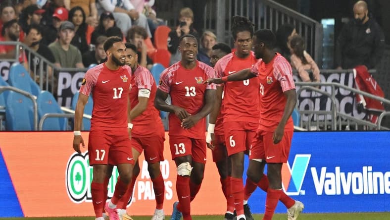 Jun 27, 2023; Toronto, Ontario, CAN; Guadeloupe players celebrate after an own goal by Canada gave them a 2-2 tie at BMO Field. Mandatory Credit: Dan Hamilton-USA TODAY Sports