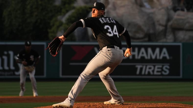 Jun 27, 2023; Anaheim, California, USA; Chicago White Sox starting pitcher Michael Kopech (34) throws in the third inningagainst the Los Angeles Angels at Angel Stadium. Mandatory Credit: Kirby Lee-USA TODAY Sports