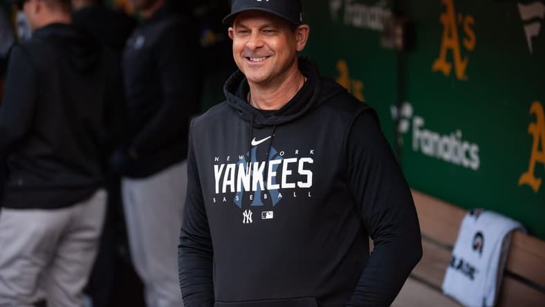 Jun 27, 2023; Oakland, California, USA; New York Yankees manager Aaron Boone (17) smiles before the game against the Oakland Athletics at Oakland-Alameda County Coliseum. Mandatory Credit: Ed Szczepanski-USA TODAY Sports
