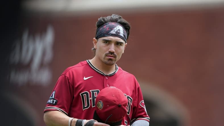 Jun 25, 2023; San Francisco, California, USA; Arizona Diamondbacks left fielder Corbin Carroll (7) before the game against the San Francisco Giants at Oracle Park. Mandatory Credit: Darren Yamashita-USA TODAY Sports