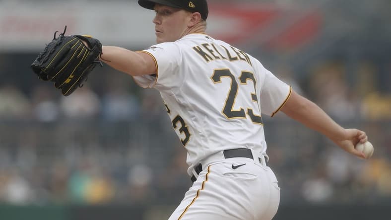 Jun 28, 2023; Pittsburgh, Pennsylvania, USA; Pittsburgh Pirates starting pitcher Mitch Keller (23) delivers a pitch against the San Diego Padres during the first inning at PNC Park. Mandatory Credit: Charles LeClaire-USA TODAY Sports
