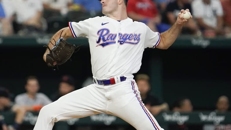 Jun 29, 2023; Arlington, Texas, USA; Texas Rangers starting pitcher Cody Bradford (61) delivers to the plate during the first inning against the Detroit Tigers at Globe Life Field. Mandatory Credit: Raymond Carlin III-USA TODAY Sports