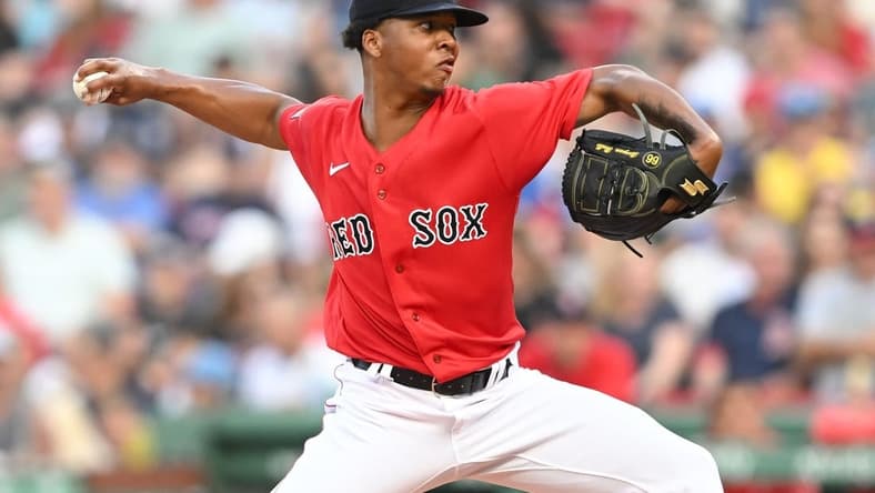 Jun 29, 2023; Boston, Massachusetts, USA; Boston Red Sox starting pitcher Brayan Bello (66) pitches against the Miami Marlins during the second inning at Fenway Park. Mandatory Credit: Brian Fluharty-USA TODAY Sports