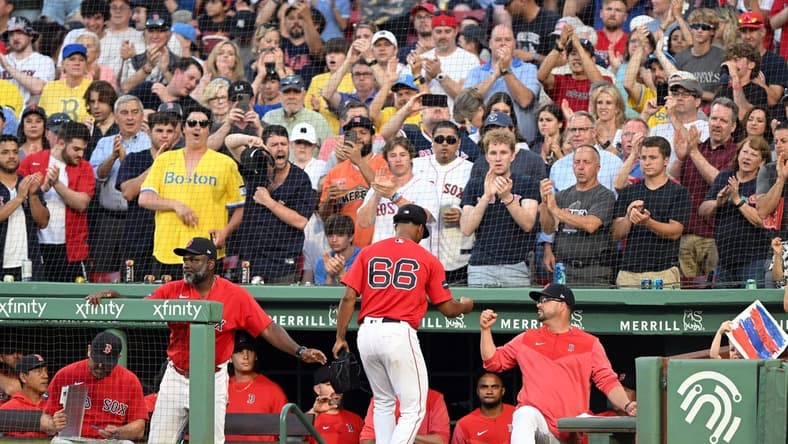 Jun 29, 2023; Boston, Massachusetts, USA; Boston Red Sox starting pitcher Brayan Bello (66) walks off of the field after being taking out of a game against the Miami Marlins in the eighth inning at Fenway Park. Mandatory Credit: Brian Fluharty-USA TODAY Sports