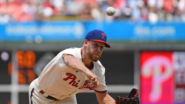 Jun 25, 2023; Philadelphia, Pennsylvania, USA; Philadelphia Phillies starting pitcher Zack Wheeler (45) throws a pitch against the New York Mets at Citizens Bank Park. Mandatory Credit: Eric Hartline-USA TODAY Sports