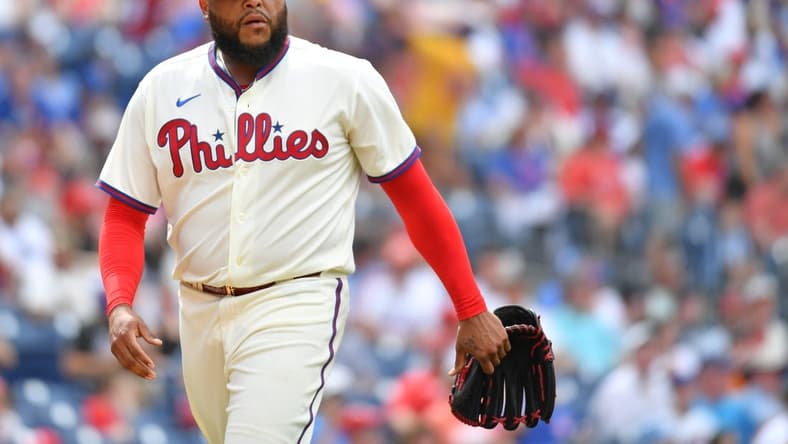 Jun 25, 2023; Philadelphia, Pennsylvania, USA; Philadelphia Phillies relief pitcher Jose Alvarado (46) against the New York Mets at Citizens Bank Park. Mandatory Credit: Eric Hartline-USA TODAY Sports