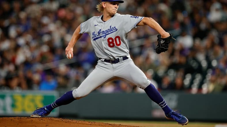 Jun 29, 2023; Denver, Colorado, USA; Los Angeles Dodgers starting pitcher Emmet Sheehan (80) pitches in the first inning against the Colorado Rockies at Coors Field. Mandatory Credit: Isaiah J. Downing-USA TODAY Sports