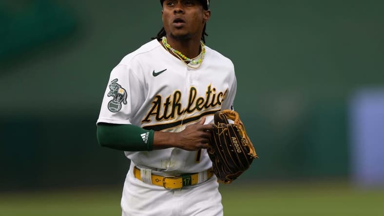 Jun 28, 2023; Oakland, California, USA; Oakland Athletics center fielder Esteury Ruiz (1) during the first inning against the New York Yankees at Oakland-Alameda County Coliseum. Mandatory Credit: Stan Szeto-USA TODAY Sports