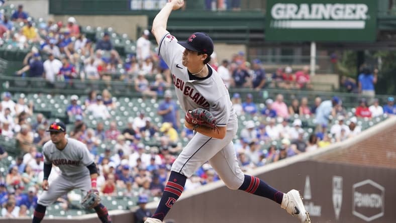 Jun 30, 2023; Chicago, Illinois, USA; Cleveland Guardians starting pitcher Cal Quantrill (47) throws the ball against the Chicago Cubs during the first inning at Wrigley Field. Mandatory Credit: David Banks-USA TODAY Sports