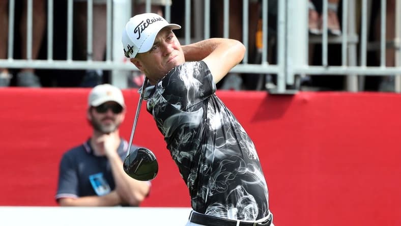 June 30, 2023; Detroit, MI, USA; Justin Thomas tees off on the sixth hole during the second round of the Rocket Mortgage Classic on Friday, June 29, 2023, at the Detroit Golf Club. Mandatory Credit: Kirthmon F. Dozier-USA TODAY Sports