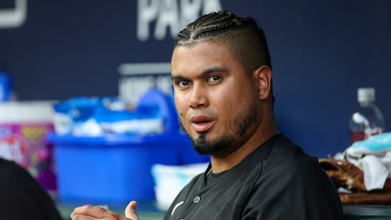 Jun 30, 2023; Atlanta, Georgia, USA; Miami Marlins second baseman Luis Arraez (3) in the dugout against the Atlanta Braves in the second inning at Truist Park. Mandatory Credit: Brett Davis-USA TODAY Sports