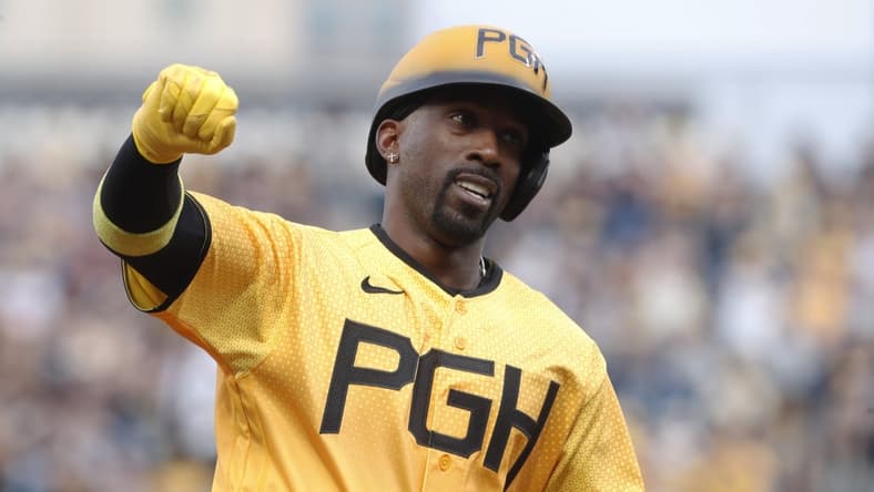 Jun 30, 2023; Pittsburgh, Pennsylvania, USA;  Pittsburgh Pirates designated hitter Andrew McCutchen (22) reacts as he circles the bases on a solo home run against the Milwaukee Brewers during the fourth inning at PNC Park. Mandatory Credit: Charles LeClaire-USA TODAY Sports