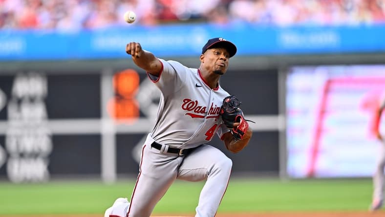 Jun 30, 2023; Philadelphia, Pennsylvania, USA; Washington Nationals starting pitcher Josiah Gray (40) throws a pitch against the Philadelphia Phillies in the third inning at Citizens Bank Park. Mandatory Credit: Kyle Ross-USA TODAY Sports