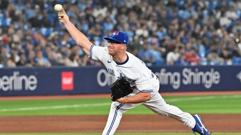 Jun 30, 2023; Toronto, Ontario, CAN; Toronto Blue Jays relief pitcher Trent Thornton (57) delivers a pitch against the Boston Red Sox in the seventh inning at Rogers Centre. Mandatory Credit: Dan Hamilton-USA TODAY Sports