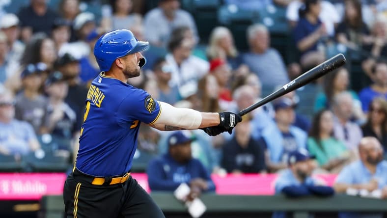Jun 30, 2023; Seattle, Washington, USA; Seattle Mariners designated hitter Tom Murphy (2) hits a two-run home run against the Tampa Bay Rays during the second inning at T-Mobile Park. Mandatory Credit: Joe Nicholson-USA TODAY Sports